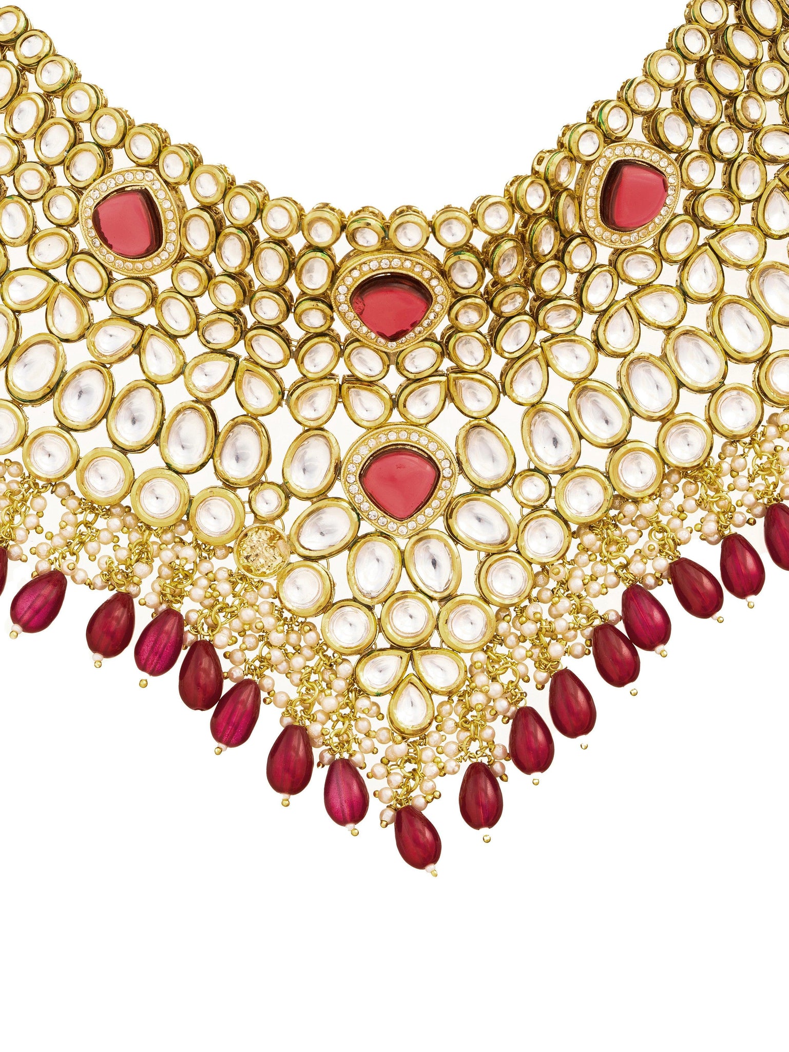 22 KT Gold-Plated Ruby Studded Polki Bridal Necklace Set 