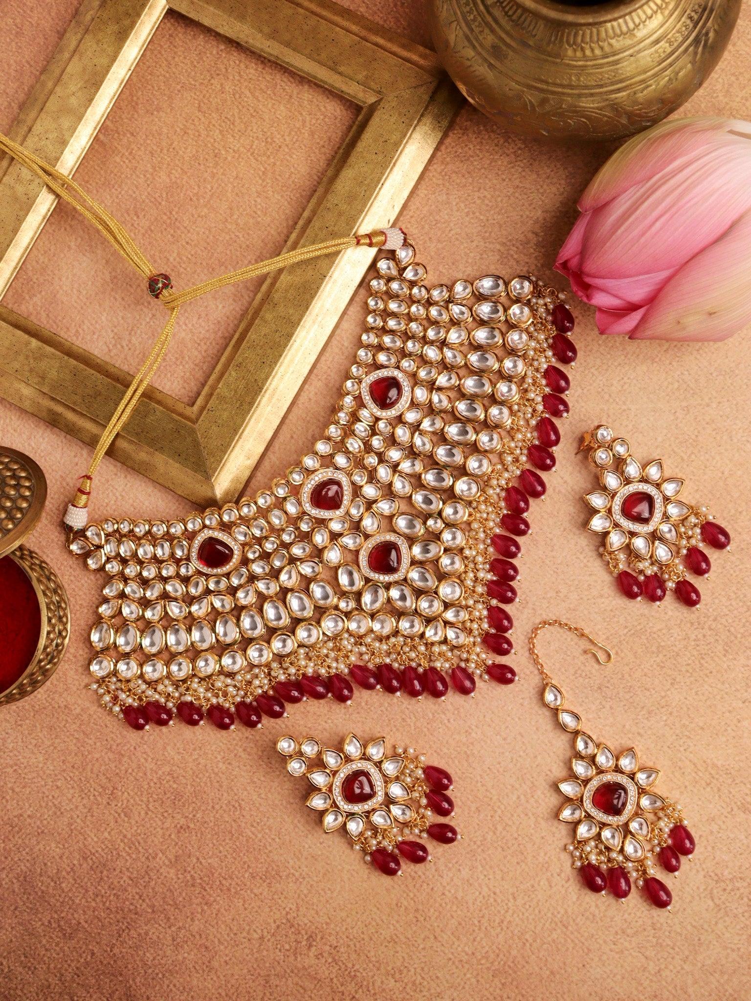  22 KT Gold-Plated Ruby Studded Polki Bridal Necklace Set