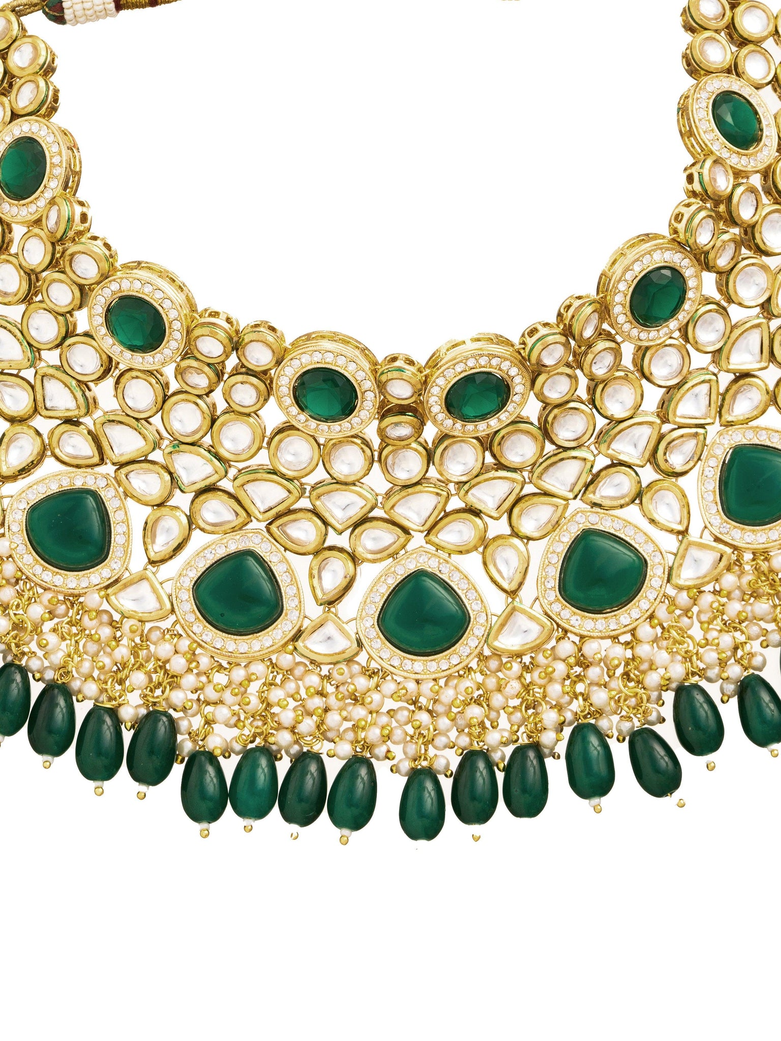 22 KT Gold Plated Cz Studded Emerald Green Kundan Polki Bridal Choker Set 