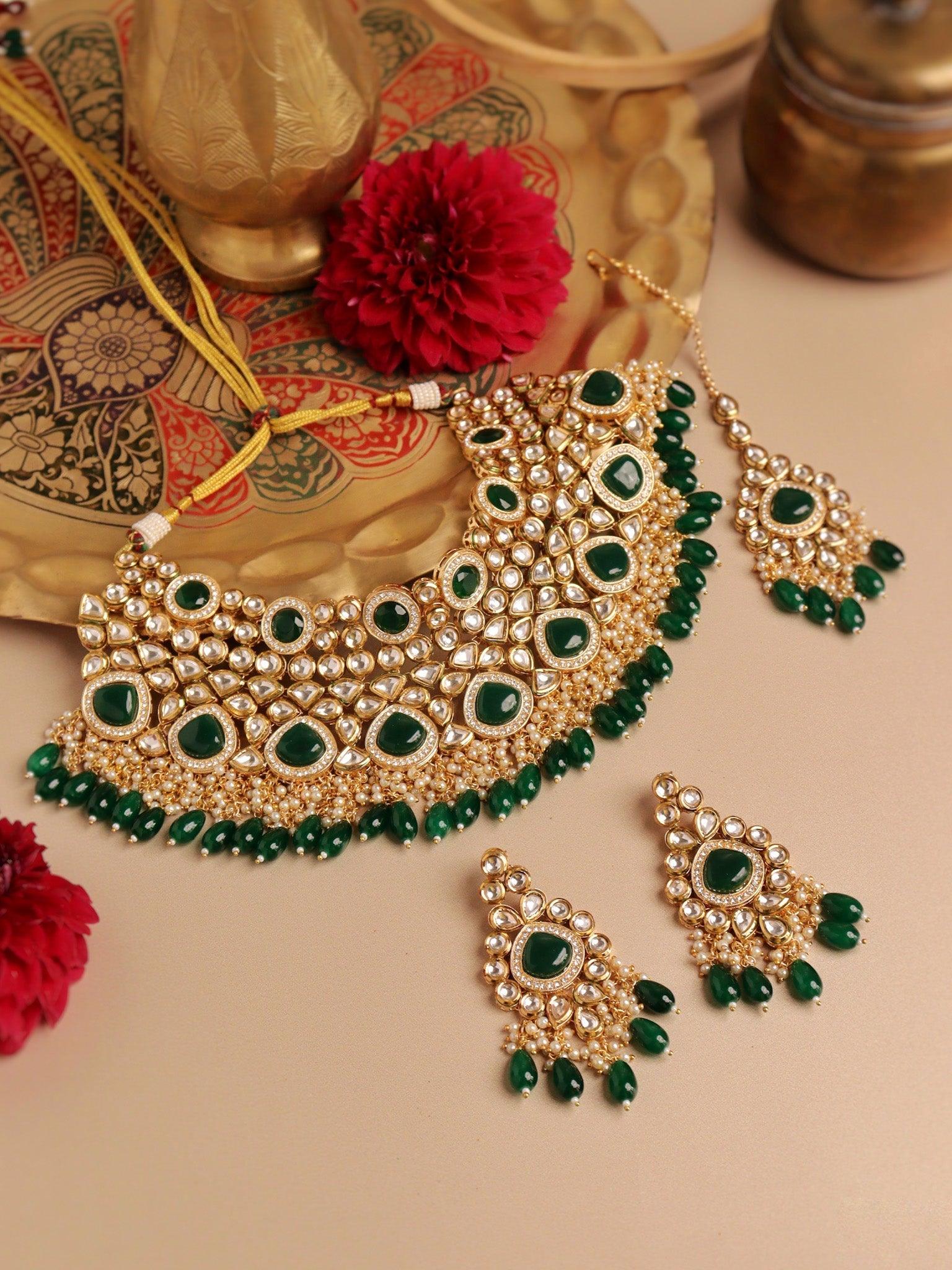 22 KT Gold Plated Cz Studded Emerald Green Kundan Polki Bridal Choker Set 