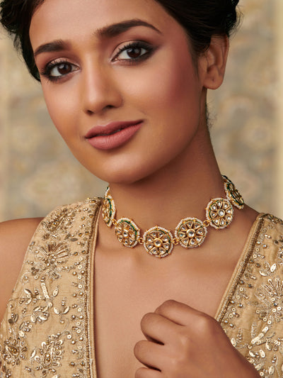 18 KT Gold & White Kundan Petal Choker Necklace 