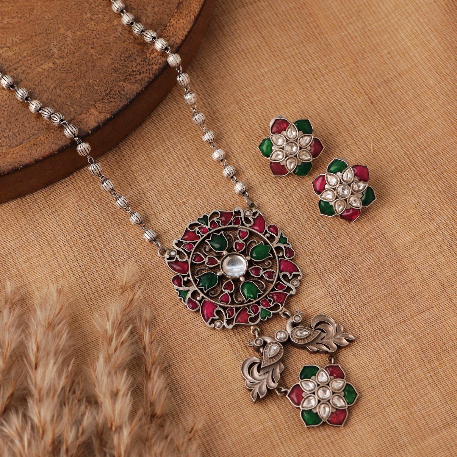 Green and Pink Oxidised Necklace with Earrings