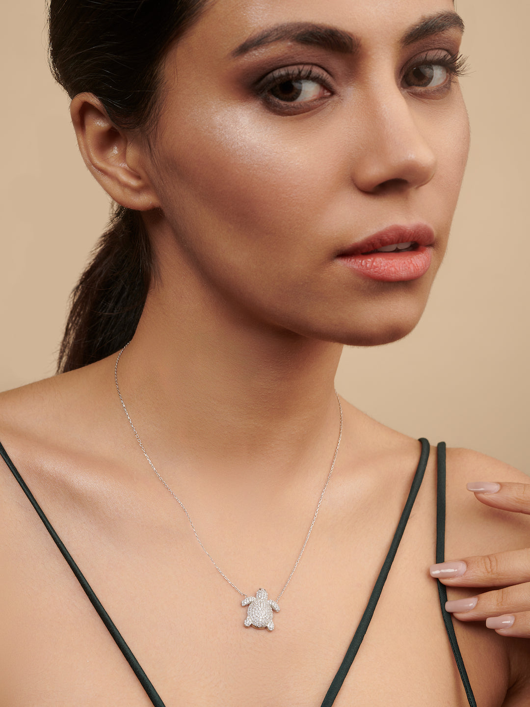  Pure Silver Turtle Necklace Embellished With Cubic Zirconia Stones