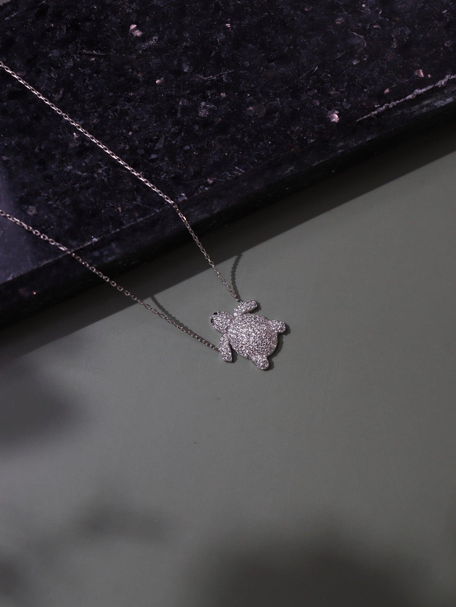 Pure Silver Turtle Necklace Embellished With Cubic Zirconia Stones 