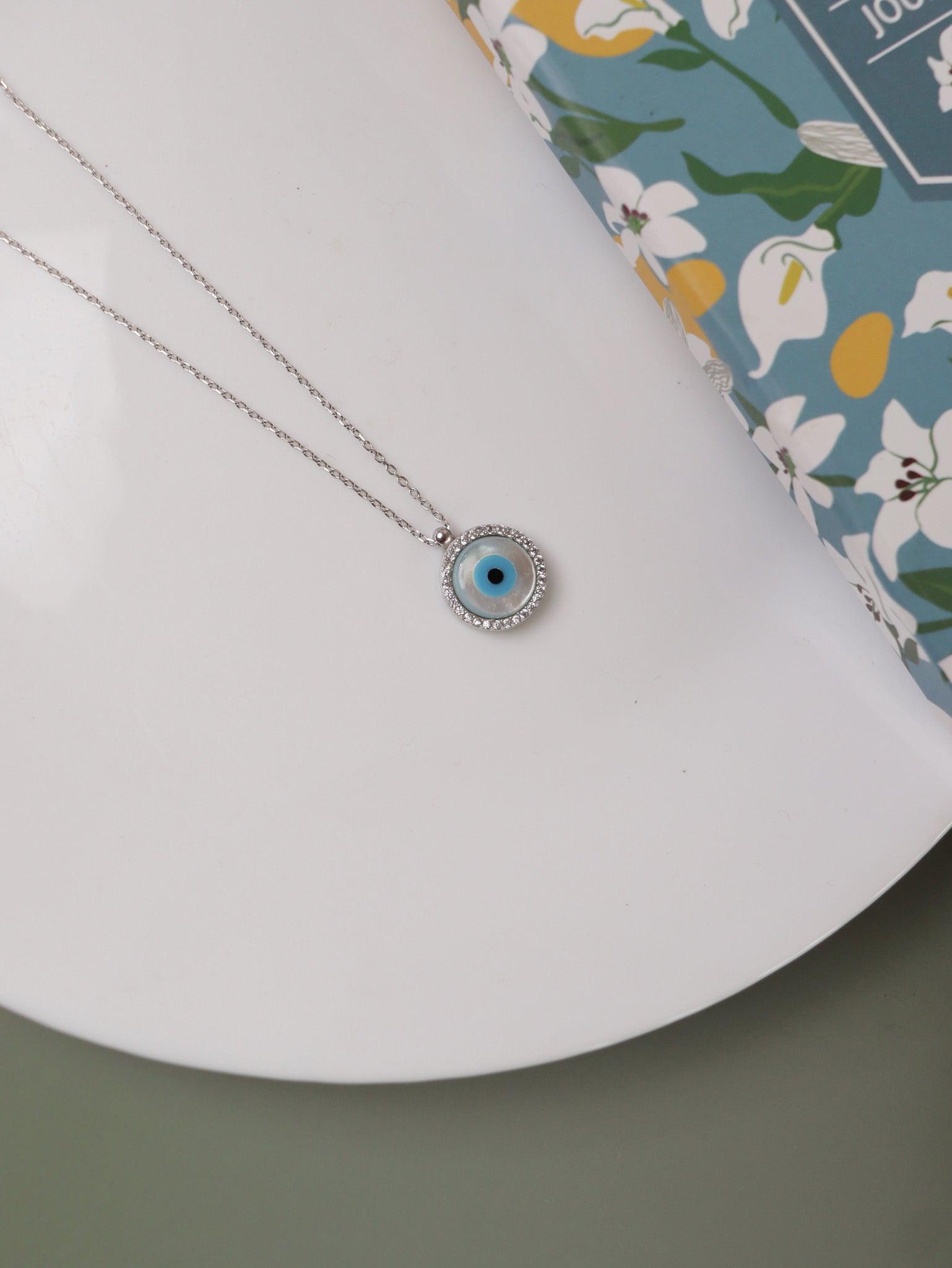 Pure Silver Disc Evil Eye Necklace 