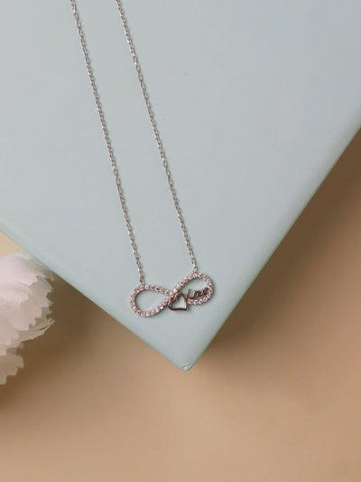 Pure Silver Infinity Heart Necklace Embellished With Cubic Zirconia Stones 