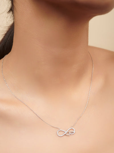 Pure Silver Infinity Heart Necklace Embellished With Cubic Zirconia Stones 