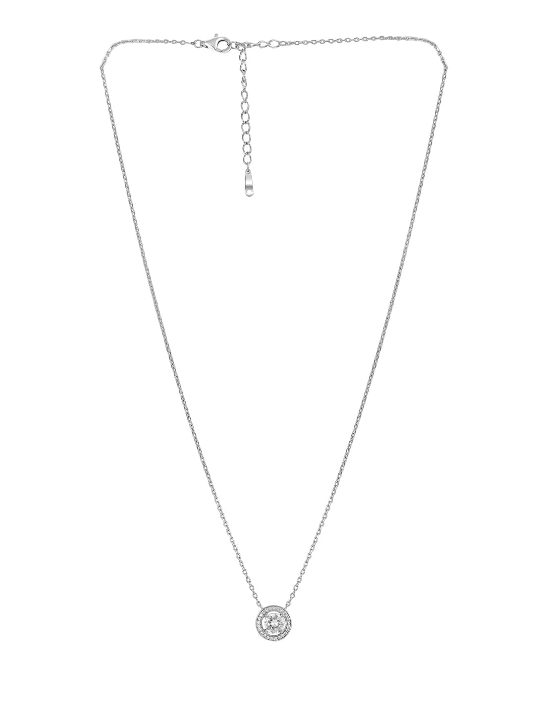 Pure Silver Halo Solitaire Necklace Embellished With Cubic Zirconia Stones. 