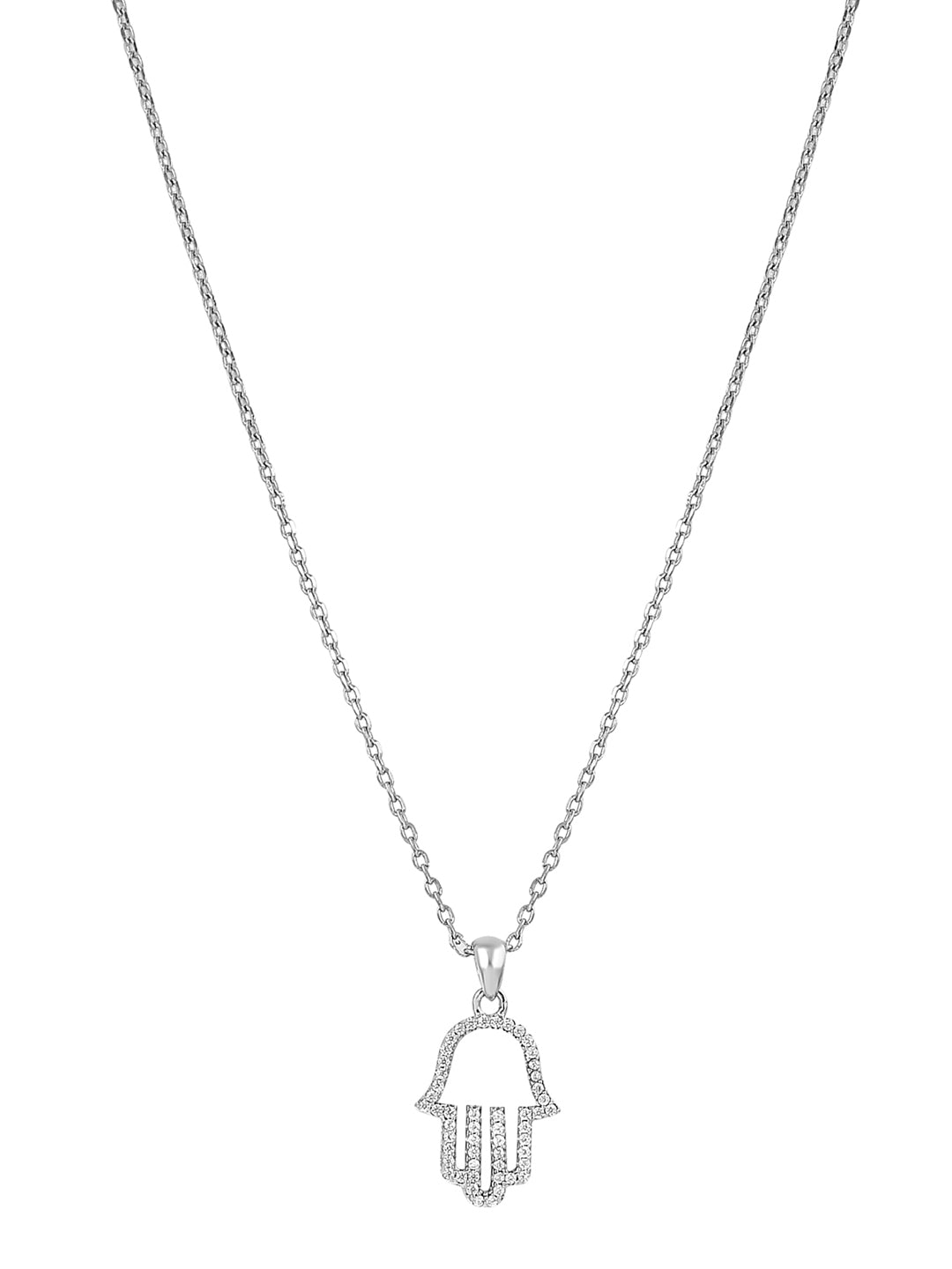 Pure Silver Hand Of Fatima Necklace Embellished With Cubic Zirconia Stones. 