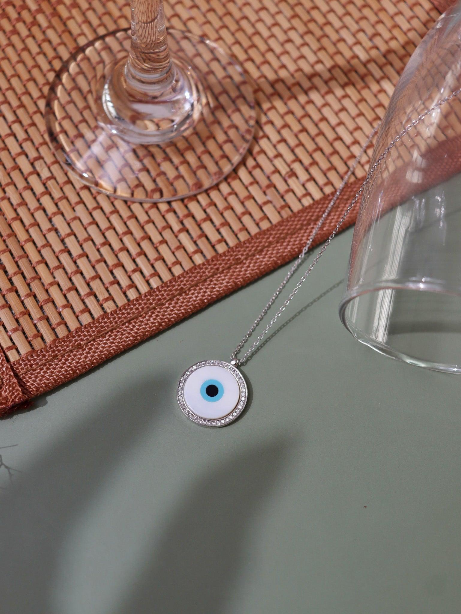 Pure Silver Round White Gold Plated Evil Eye Necklace 