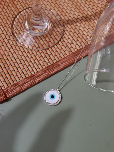  Pure Silver Round White Gold Plated Evil Eye Necklace