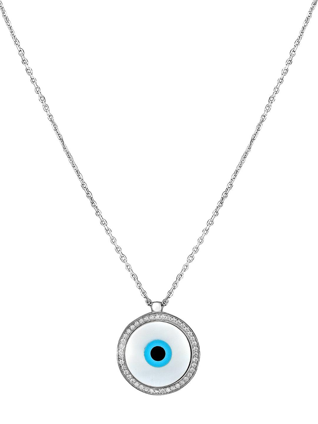 Pure Silver Round White Gold Plated Evil Eye Necklace 