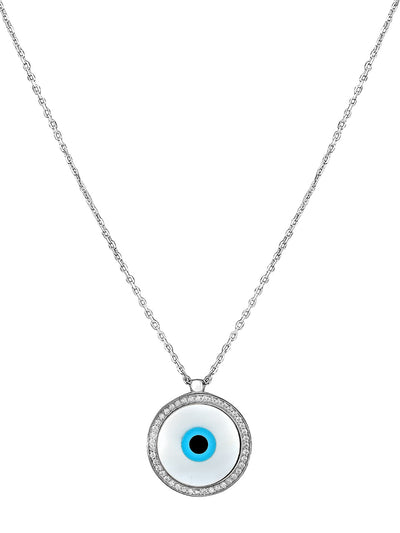 Pure Silver Round White Gold Plated Evil Eye Necklace 