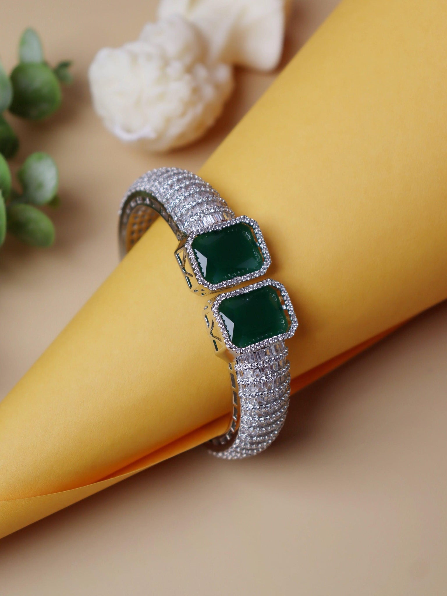 Diamante Emerald Green Stone and Cubic Zirconia Bangle - Curio Cottage 