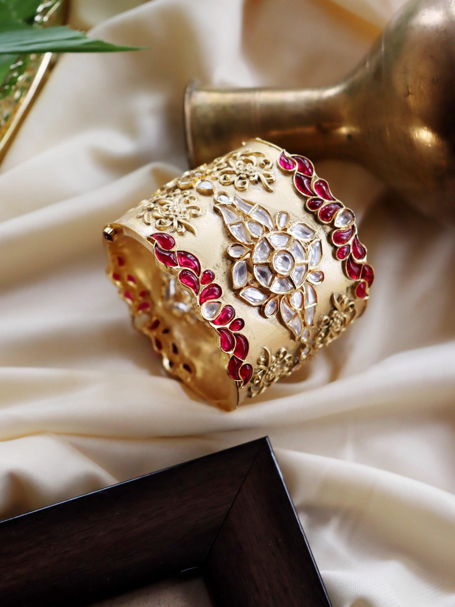 The Bridal Edit - Red And Matte Gold Kundan Cuff Bangle - Curio Cottage 