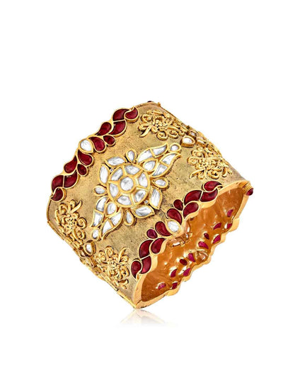 The Bridal Edit - Red And Matte Gold Kundan Cuff Bangle - Curio Cottage 