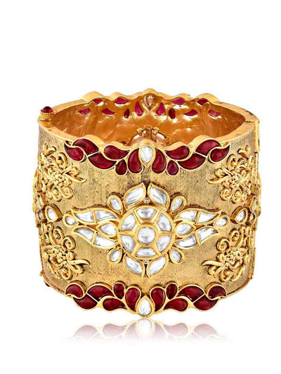 The Bridal Edit - Red And Matte Gold Kundan Cuff Bangle - Curio Cottage 