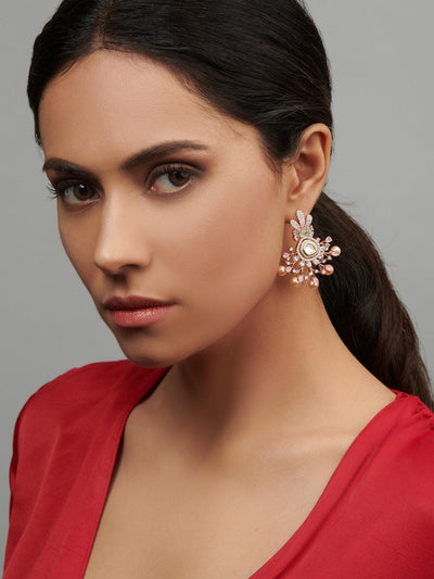 Diamante Pearls And Cubic Zirconia Floral Dangler Earrings - Default Title (FEC102) 