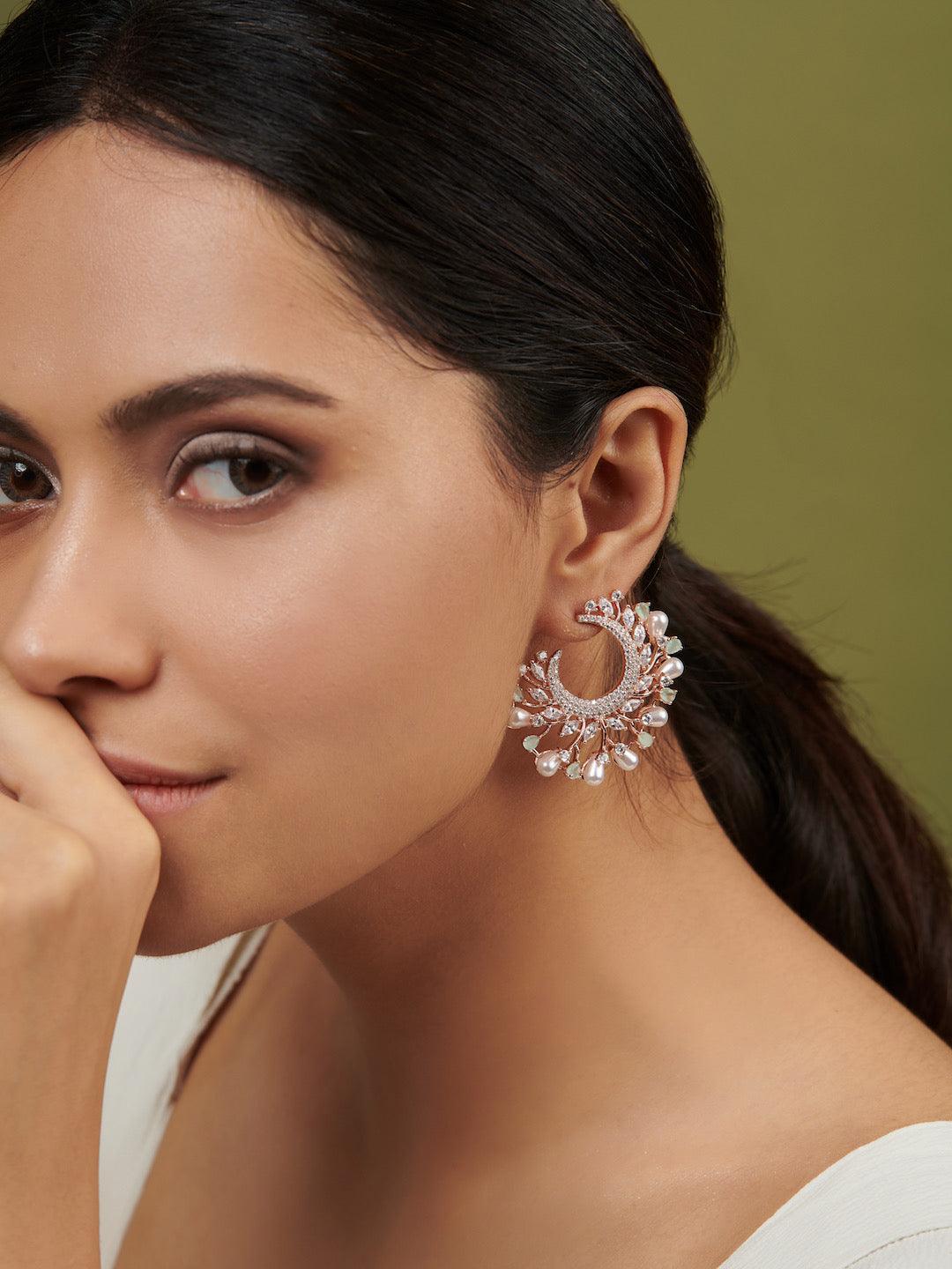 Diamante Pearls And Cubic Zirconia Floral Semi Stud Earrings - Default Title (FEC103) 