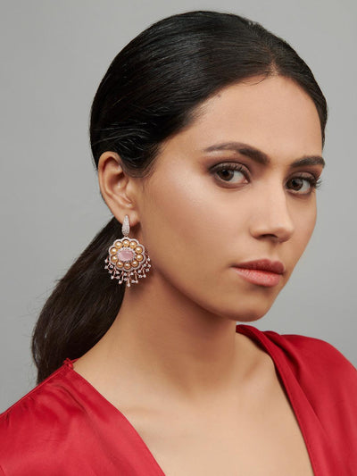 Diamante Pearls And Pink Cubic Zirconia Dangler Earrings - Default Title (FEC104) 