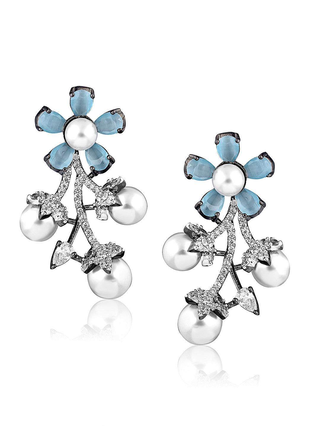 Diamante Pearls And Blue Stones Cubic Zirconia Studs - Default Title (FEC108) 