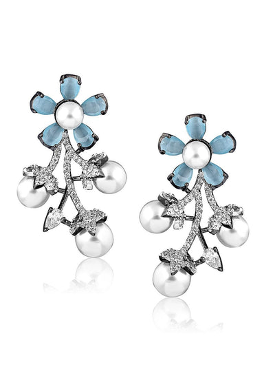 Diamante Pearls And Blue Stones Cubic Zirconia Studs - Default Title (FEC108) 