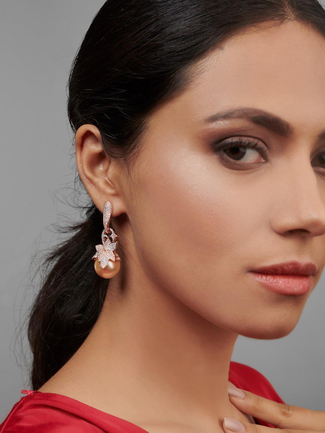 Diamante Cubic Zirconia And Pearl Drop Earrings - Default Title (FEC113) 