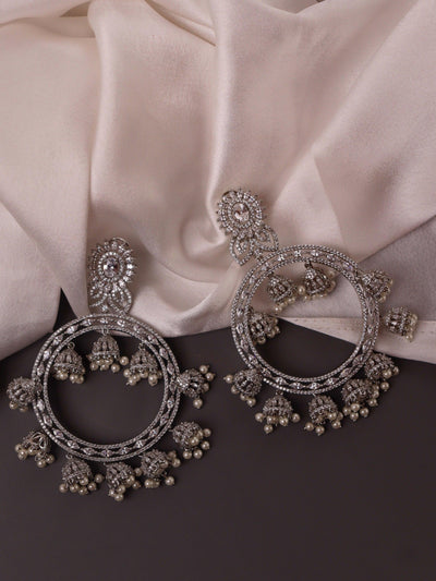 Diamante Cubic Zirconia Chandbali Earrings Embellished With Mini Pearl Jhumkis. - Default Title (FEC123) 