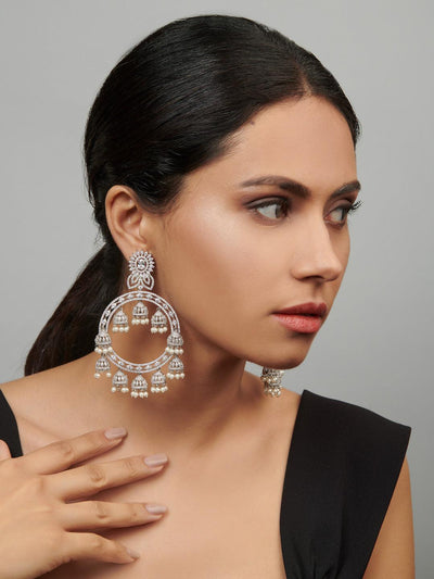 Diamante Cubic Zirconia Chandbali Earrings Embellished With Mini Pearl Jhumkis. - Default Title (FEC123) 