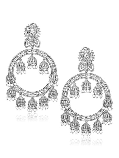 Diamante Cubic Zirconia Chandbali Earrings Embellished With Mini Pearl Jhumkis. - Default Title (FEC123) 