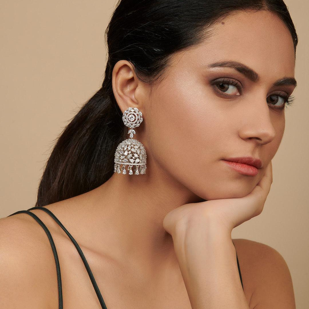 Cubic Zirconia Floral Jhumki Earrings