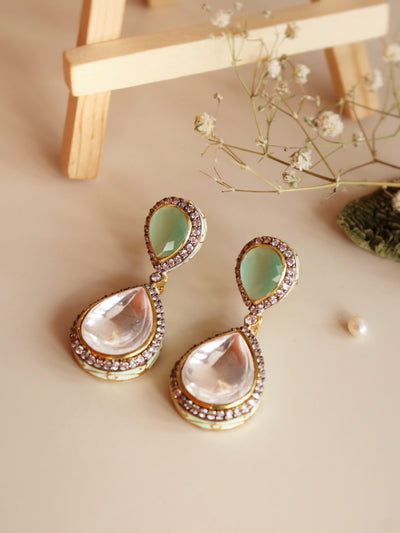 Meira Kundan And Green Drops Dangler Earrings - Curio Cottage 