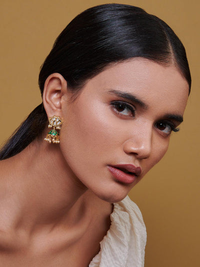 Miera Kundan And Green Enameld Small Earrings - Default Title (FEE208) 