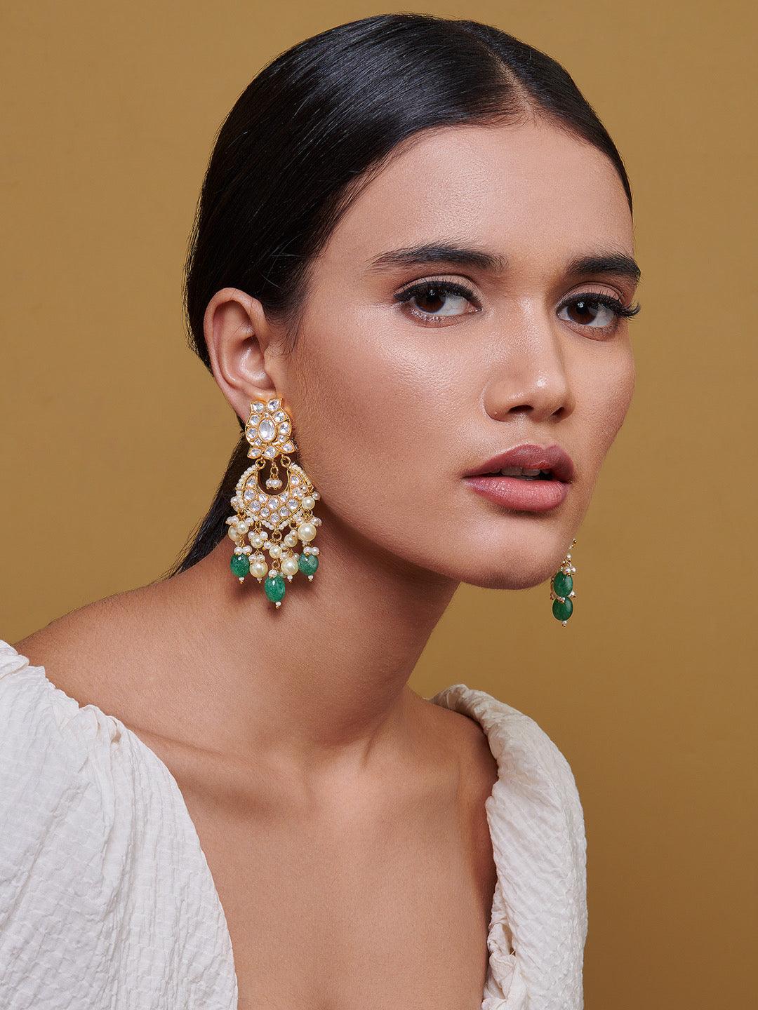 Miera Kundan And Pearls Embellished With Green Stones Chandbalis - Default Title (FEE210) 