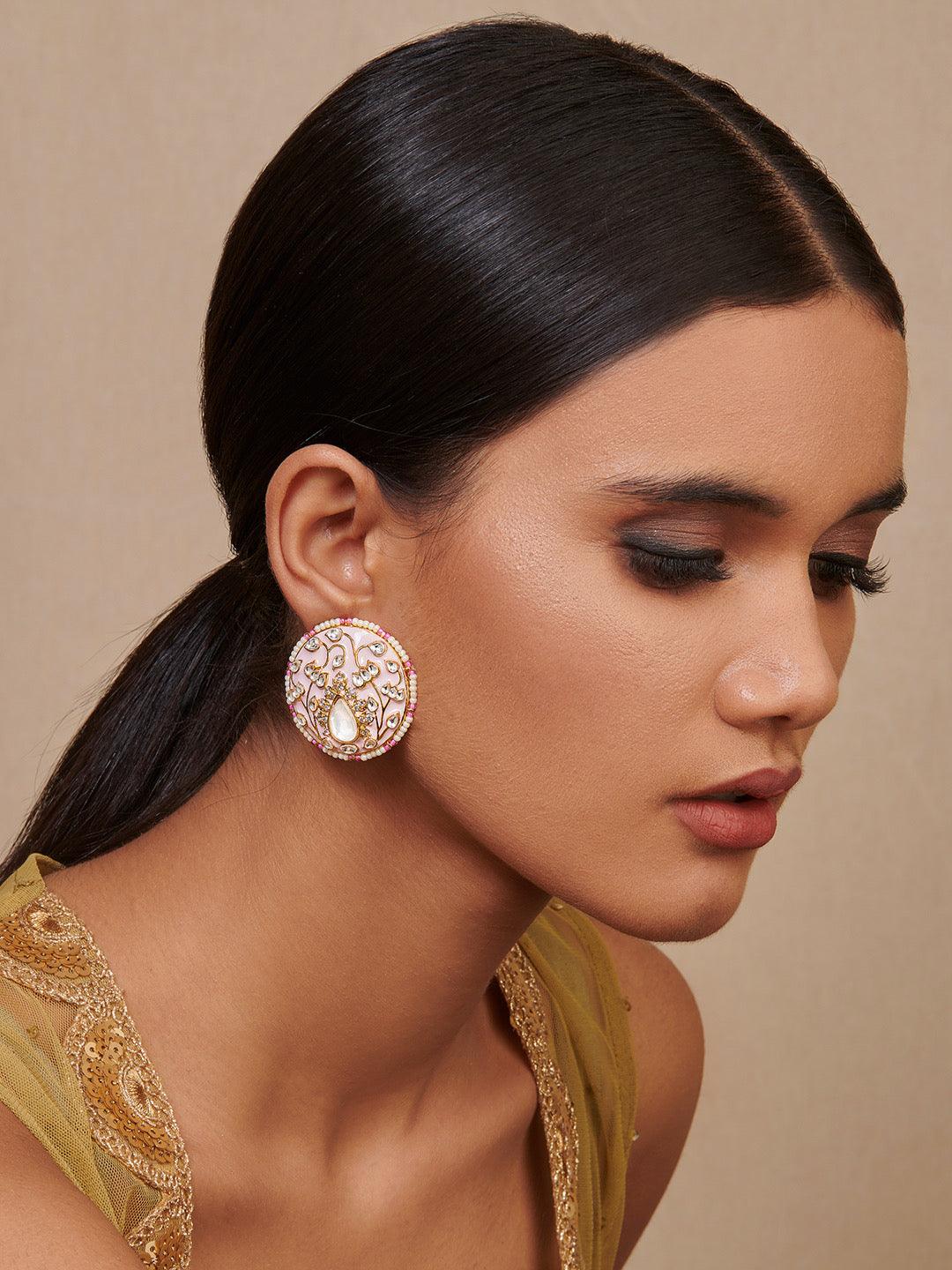 Miera Pink Enameled And Kundan Studs Embellished With Pearls - Default Title (FEE216) 