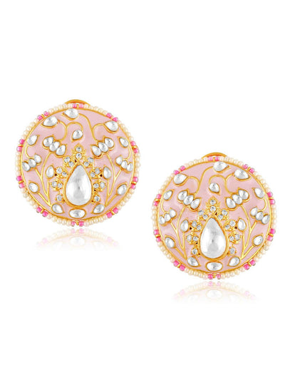 Miera Pink Enameled And Kundan Studs Embellished With Pearls - Default Title (FEE216) 