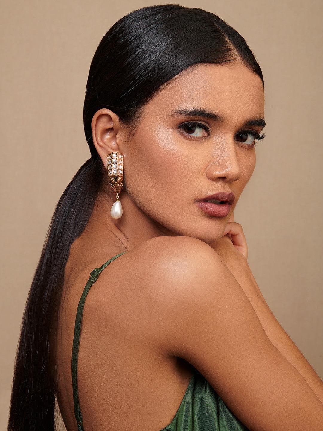 Miera Kundan,Gold And Pearl Drop Dangler Earrings - Default Title (FEE222) 
