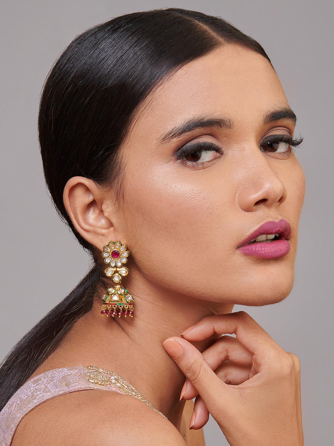 Meira Kundan And Coloured Stones Embellished Jhumki Earrings - Default Title (FEE225) 