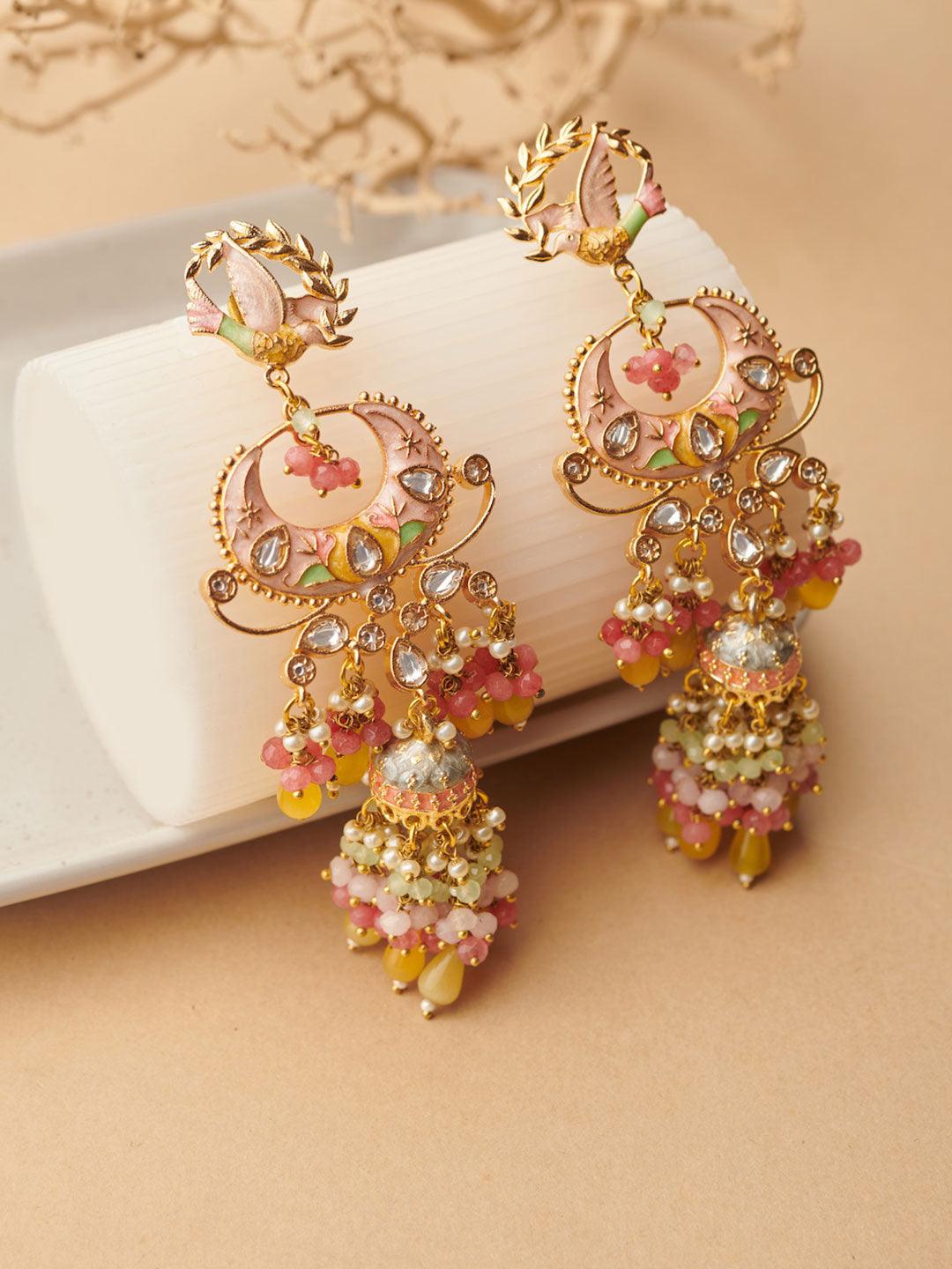 Pink Enamel Winged Multi Stone Earrings - Curio Cottage 