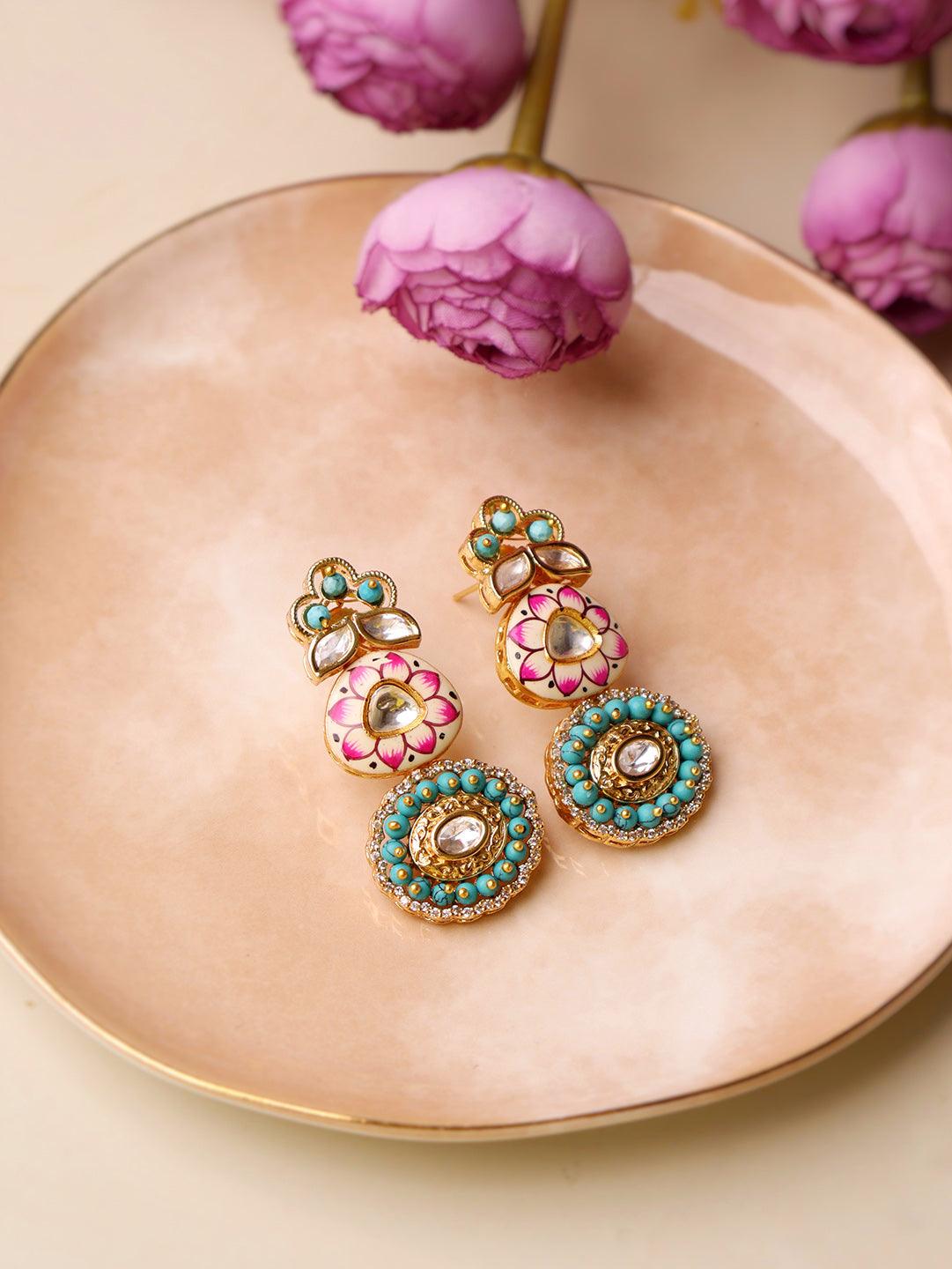 Meira Enamelled Turquoise Kundan Earrings - Curio Cottage Meira Enamelled Turquoise Kundan Earrings
