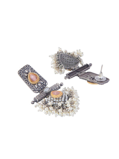 Aria Pearls And Pink Stone Oxidised Chandbali Earrings - Default Title (FEO300) 