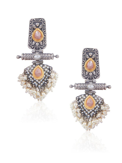 Aria Pearls And Pink Stone Oxidised Chandbali Earrings - Default Title (FEO300) 
