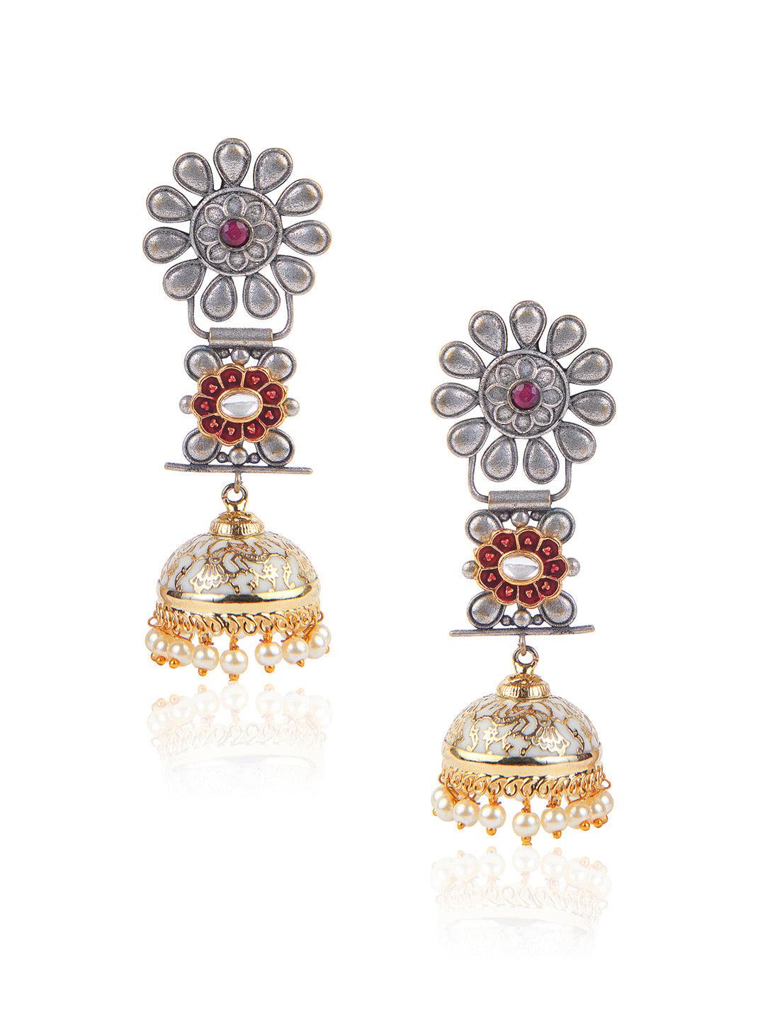 Aria Floral Red Stones Oxidised And Gold Two Tone Jhumkis Earrings - Default Title (FEO302) 