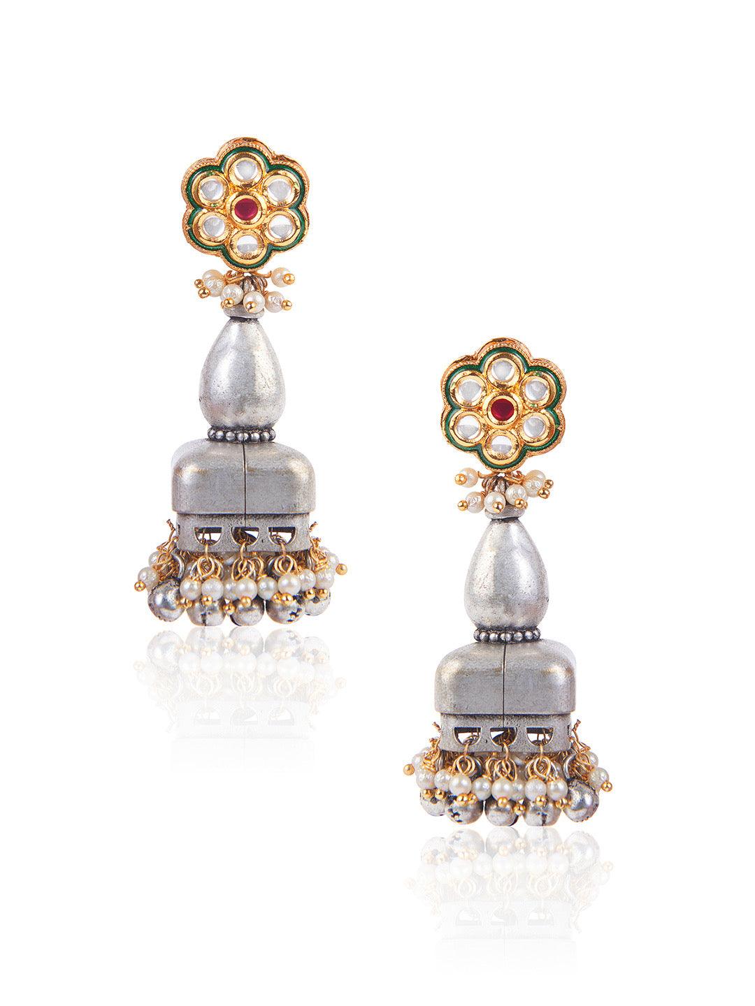 Aria Floral Kundan And Oxidised Chandbali Earrings - Default Title (FEO314) 