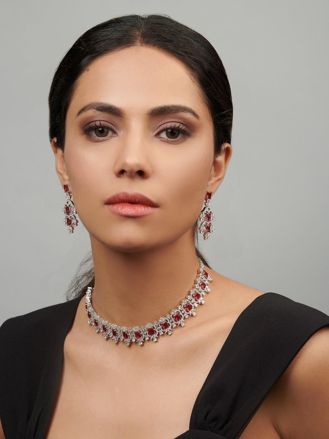 Diamante Red Stone And Cubic Zirconia Choker Set - Default Title (FNC103) 