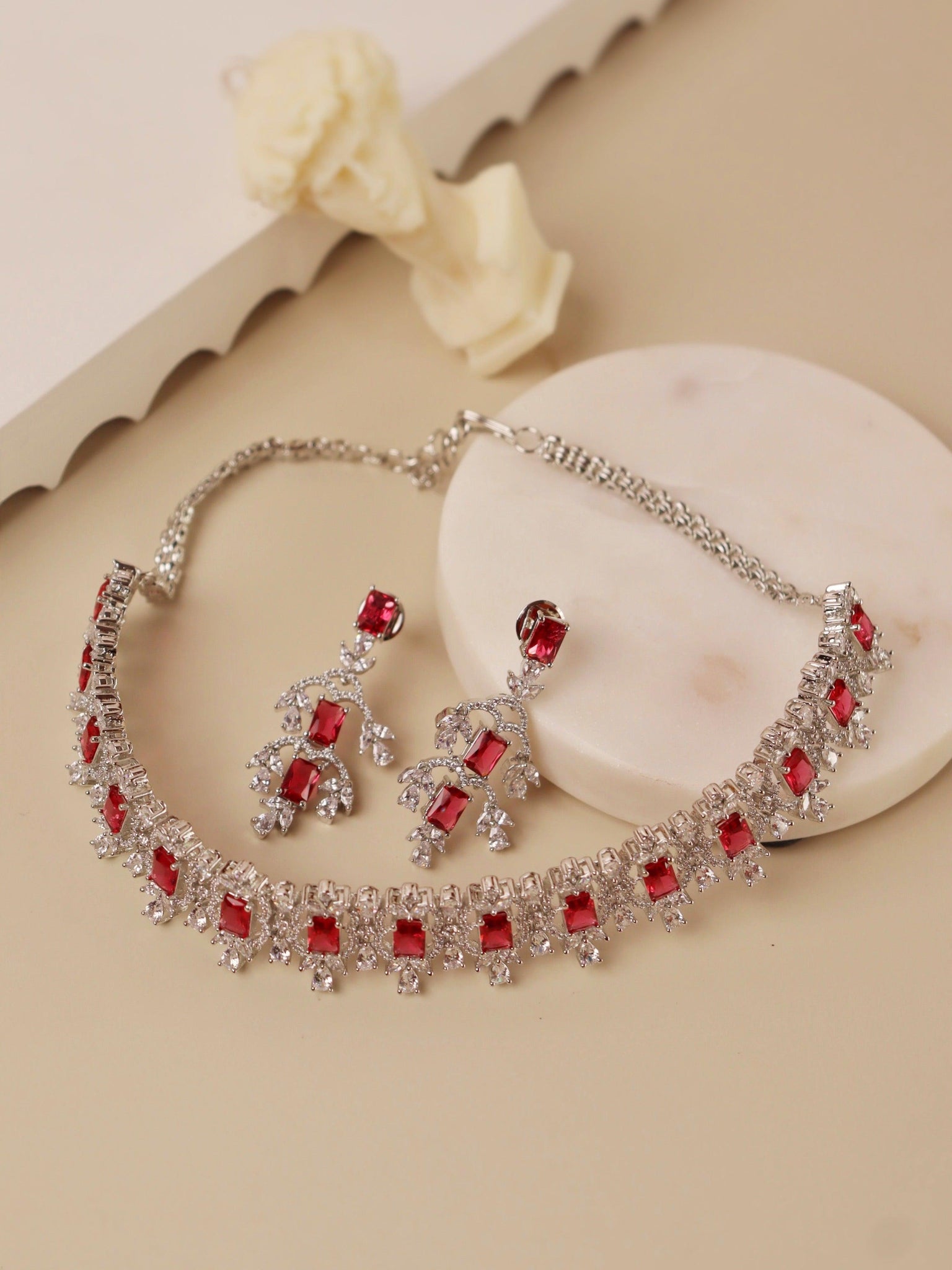 Diamante Red Stone And Cubic Zirconia Choker Set - Default Title (FNC103) 