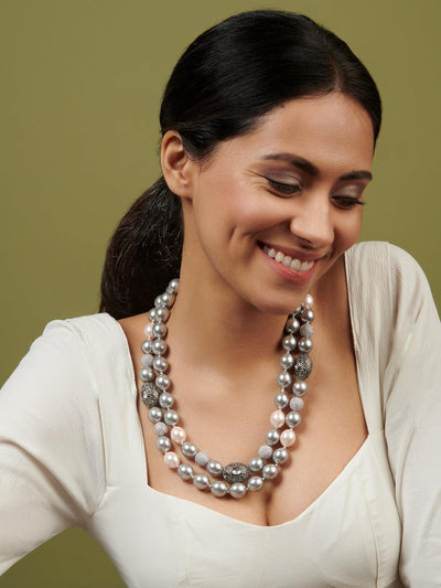 Stone Appeal Double Layered Ash Grey Pearl String Necklace - Curio Cottage 