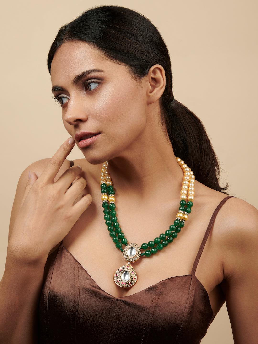 Stone Appeal Double Layered Green Stone and Oyester Pearls Necklace - Curio Cottage 