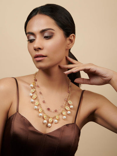 Stone Appeal Double String Necklace Embellished with Pearls - Curio Cottage 