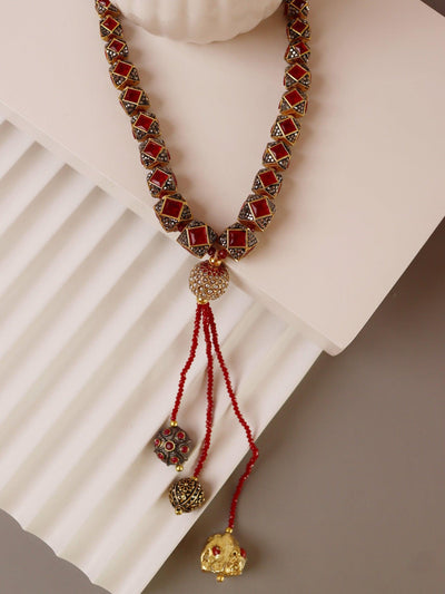 Stone Appeal Deep Red Ethnic Beads Tassel Necklace - Curio Cottage 